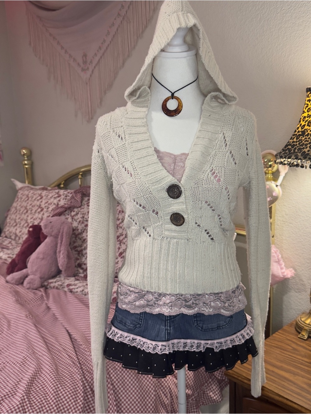 Y2K Cream Hooded Knit Sweater with Button Front - Picture 3 of 7